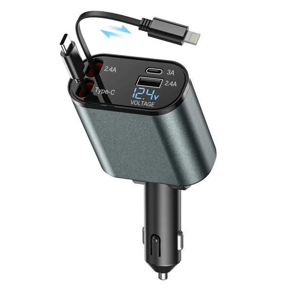 4-in-1 retractable car charger, 120W fast USB-C charging.