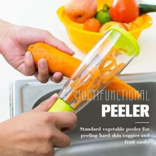 Stainless steel peeler with container, multifunctional for fruits, vegetables.